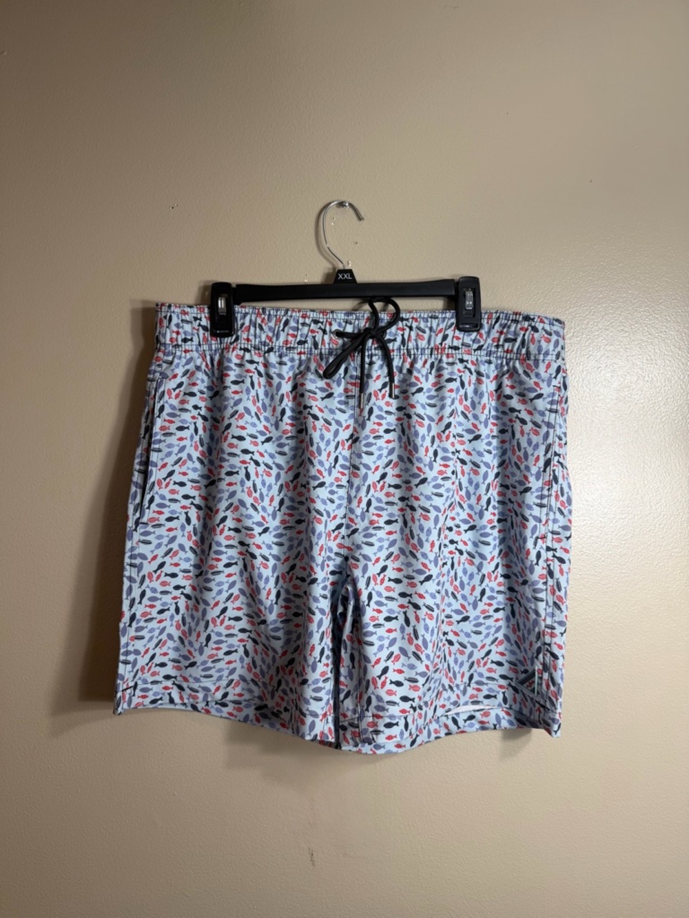 Mr Swim Fish Print Swim Trunks Blue Red Stretch Shorts Size L NWT Dad Style